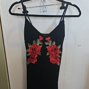 Elegant Black Dress with Red Floral Embroidery